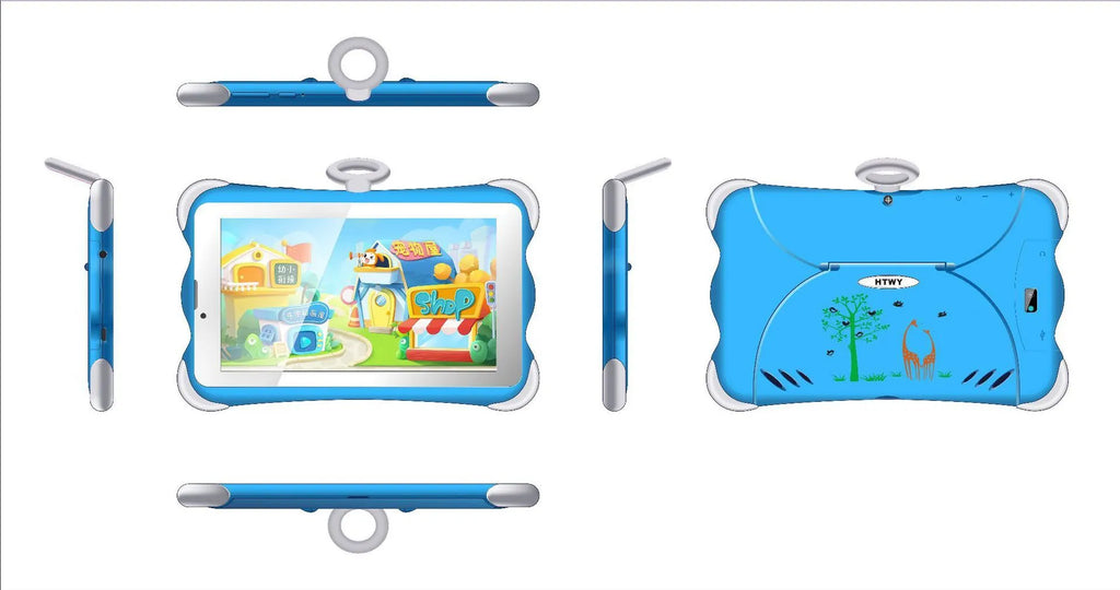 7-inch children's learning tablet with stand in cartoon colours showing IPS screen and 3G calling capability