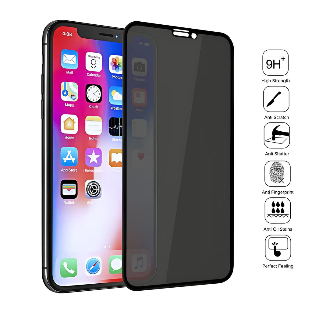 Black anti-peeping tempered glass screen protector for iPhone showing privacy protection feature