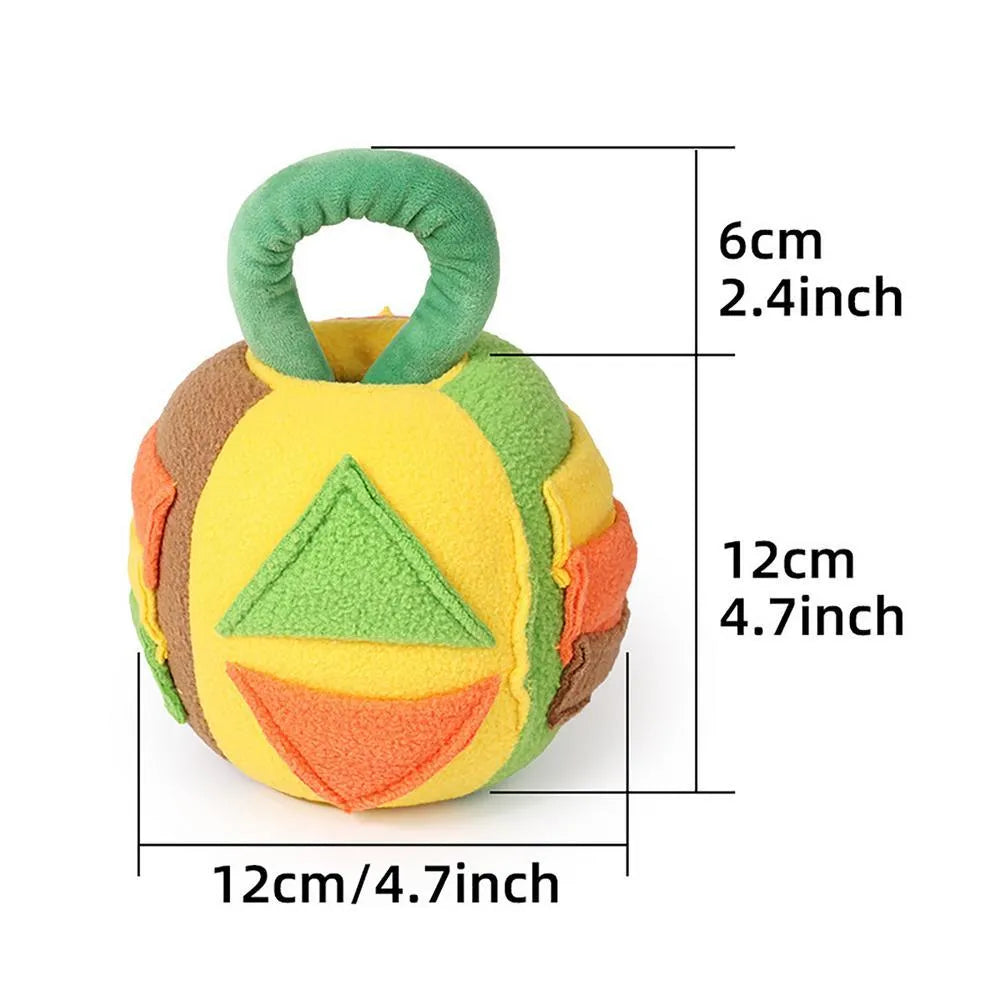Pink and green dog plush ball toy with multiple treat pockets and squeaker mechanism for small medium dogs