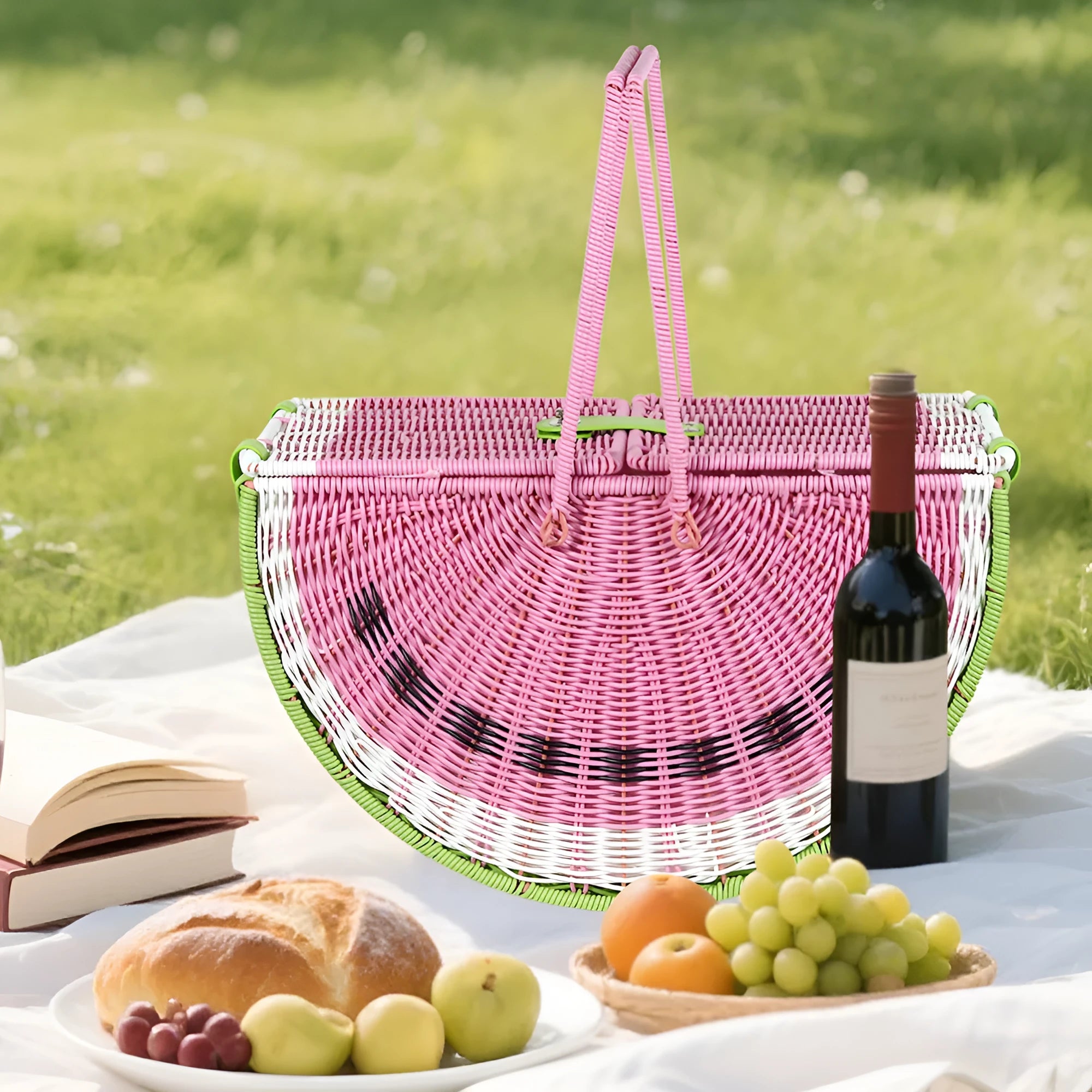 Green hand-held woven PP picnic basket with watermelon design for fruit and vegetable storage