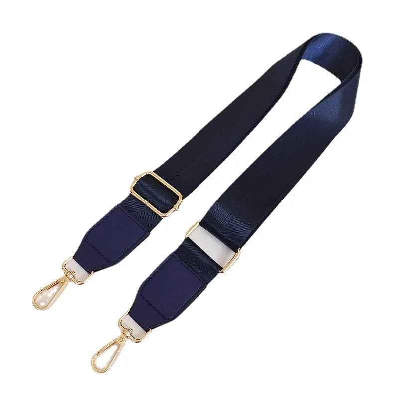 Adjustable nylon shoulder strap with gold hook, shown in 22 colour options for women's bag replacement