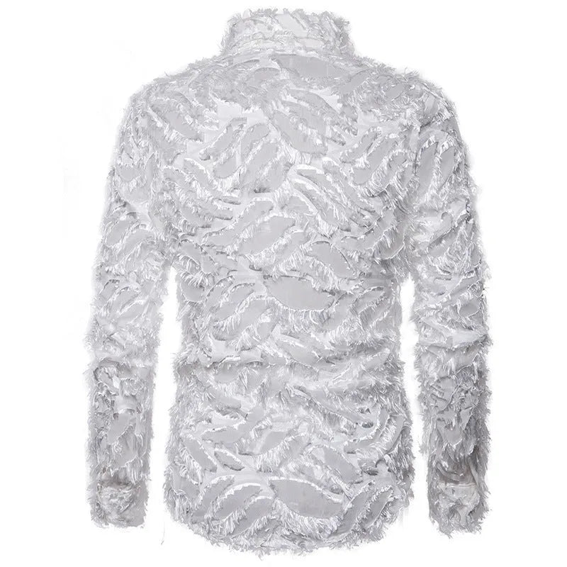 Feather tassel lapel shirt for men in black with non-iron cotton blended fabric