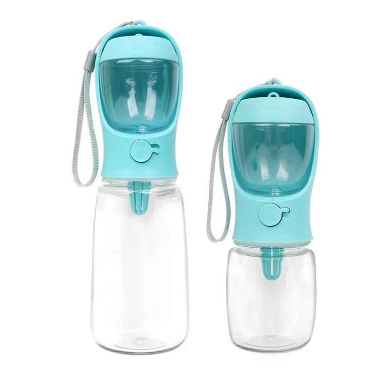 Blue portable plastic dog water cup with dual-use bowl design for outdoor walks.