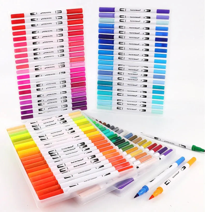 Set of ink water colour pens in a case, showing multiple colour barrels for artistic use.