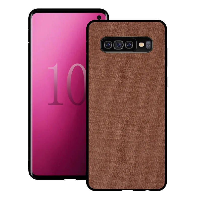 Canvas patterned mobile phone case for Samsung Galaxy models on a table.