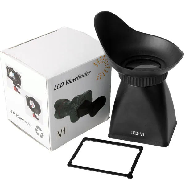 Black camera LCD screen viewfinder with magnification lens shown attached to a DSLR camera.