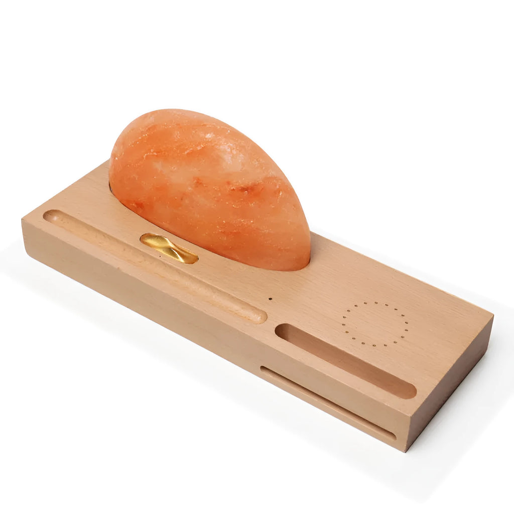 Sunrise Oriental wooden base table lamp with natural salt block shade and wireless phone charging
