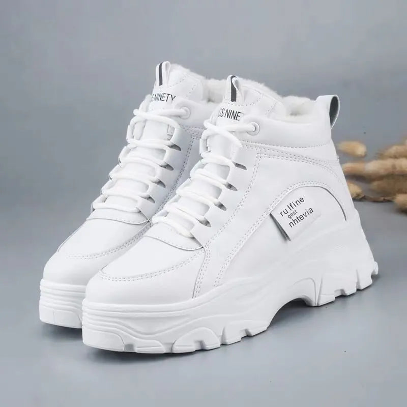 Thickened sneakers with flat thick sole, microfiber upper, round toe, and elastic band in beige colour