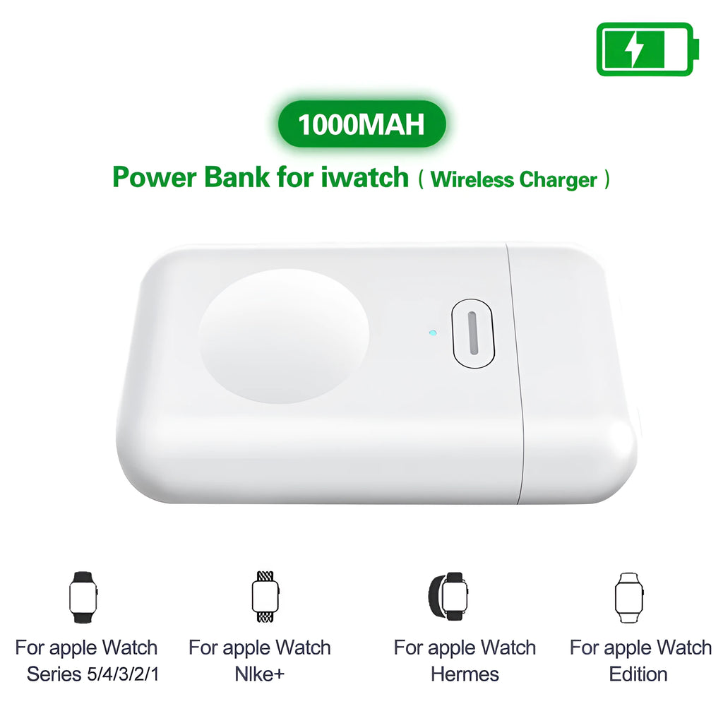 White 1000mAh magnetic wireless power bank for Apple Watch, showing compact size.
