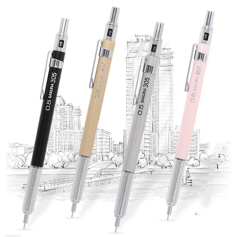 Japanese cherry blossom metal mechanical pencil in gold, silver, black, or pink with 0.5mm or 0.3mm lead