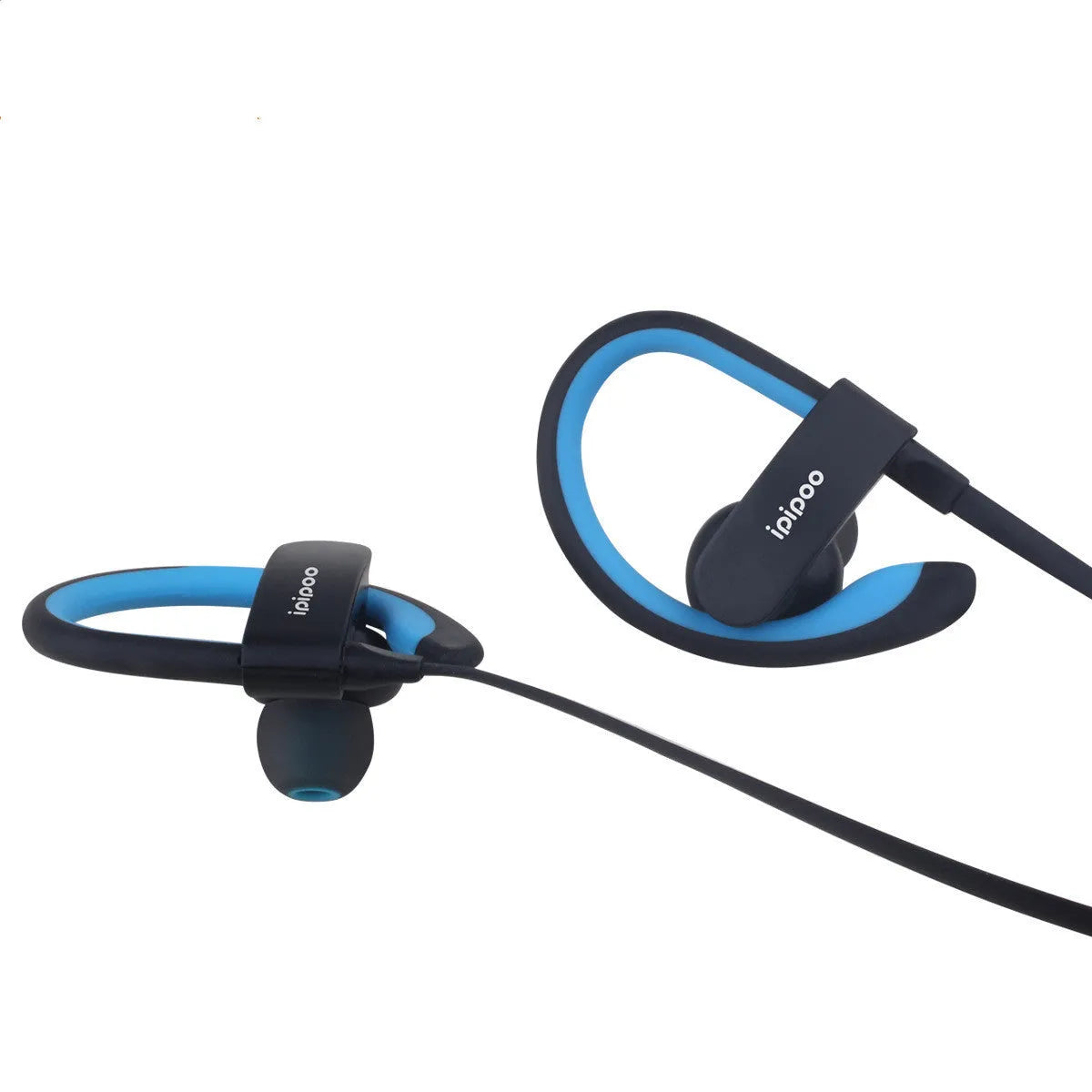 Wireless sports running headphones in blue, grey, red, and yellow colours showing earplug design.