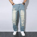 Men's straight wrinkle-resistant loose casual jeans in 2527 blue, mid waist zip fly, cotton material
