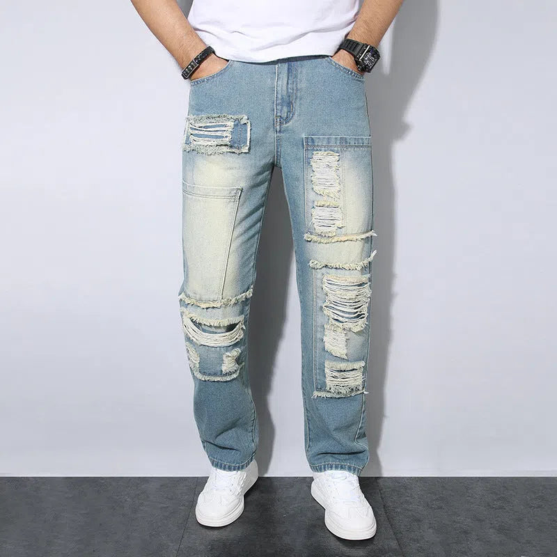 Men's straight wrinkle-resistant loose casual jeans in 2527 blue, mid waist zip fly, cotton material