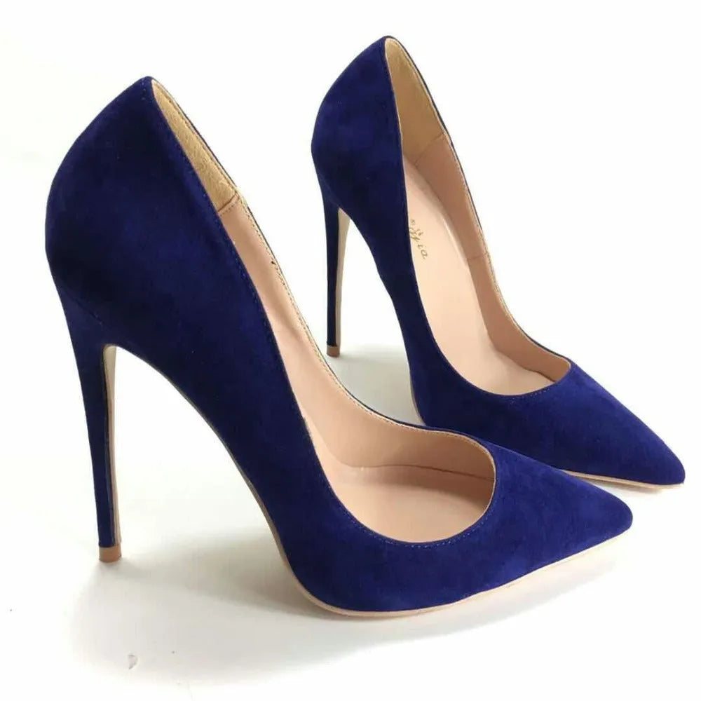 Blue suede stiletto heels pointed toe shallow mouth super high heel women's shoes side view