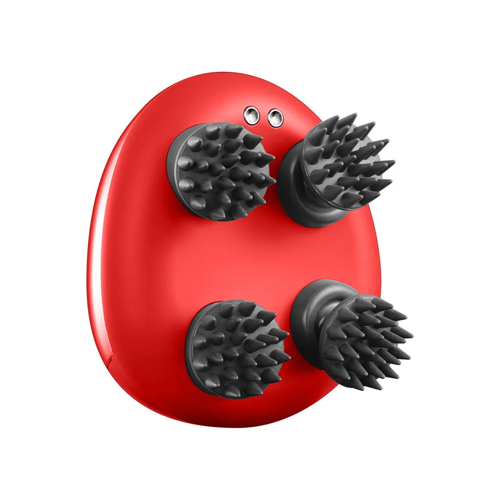Red electric scalp massager with silicone vibration heads showing 110mm x 120mm x 82mm dimensions