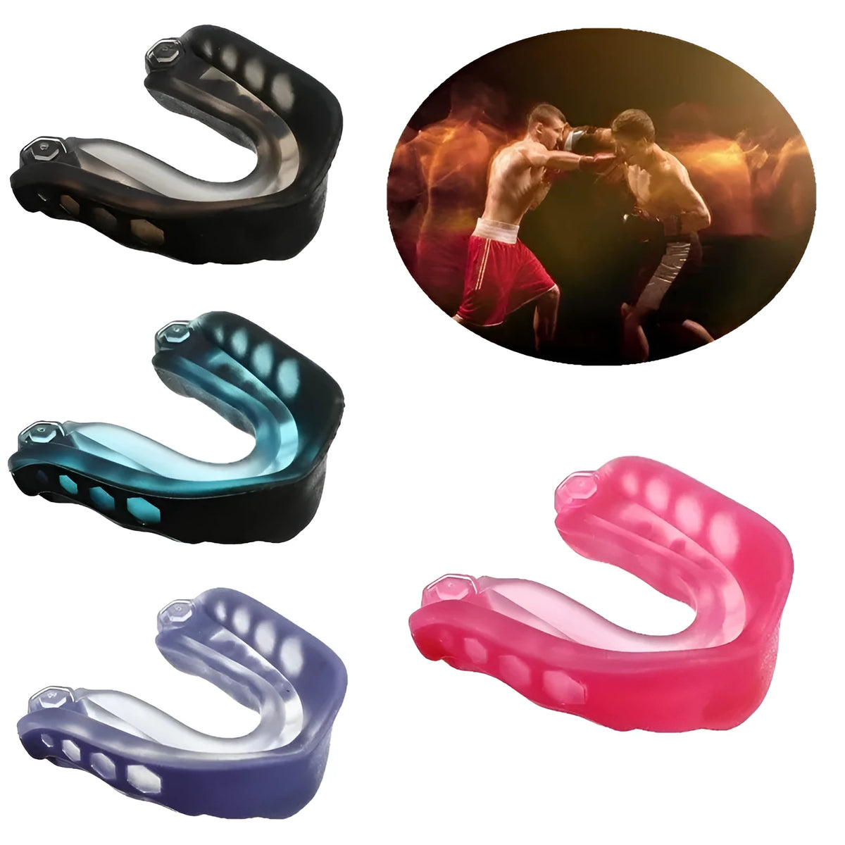 Professional boxing Sanda mouthguard with dual density silicone, 50x51x18mm, in blue with transparent storage box