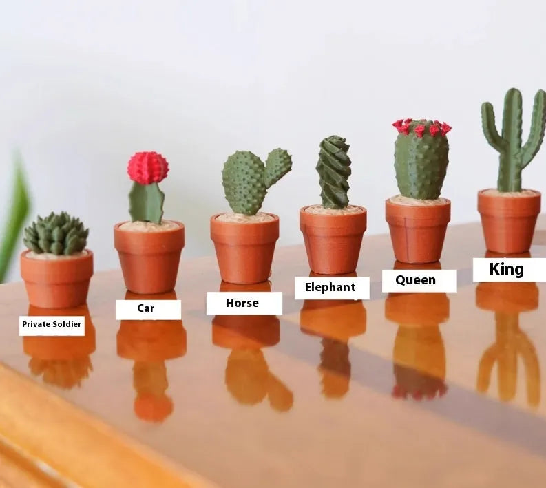 Magnetic cactus succulent theme chess set with 24 green 3D printed PLA pieces on a white background