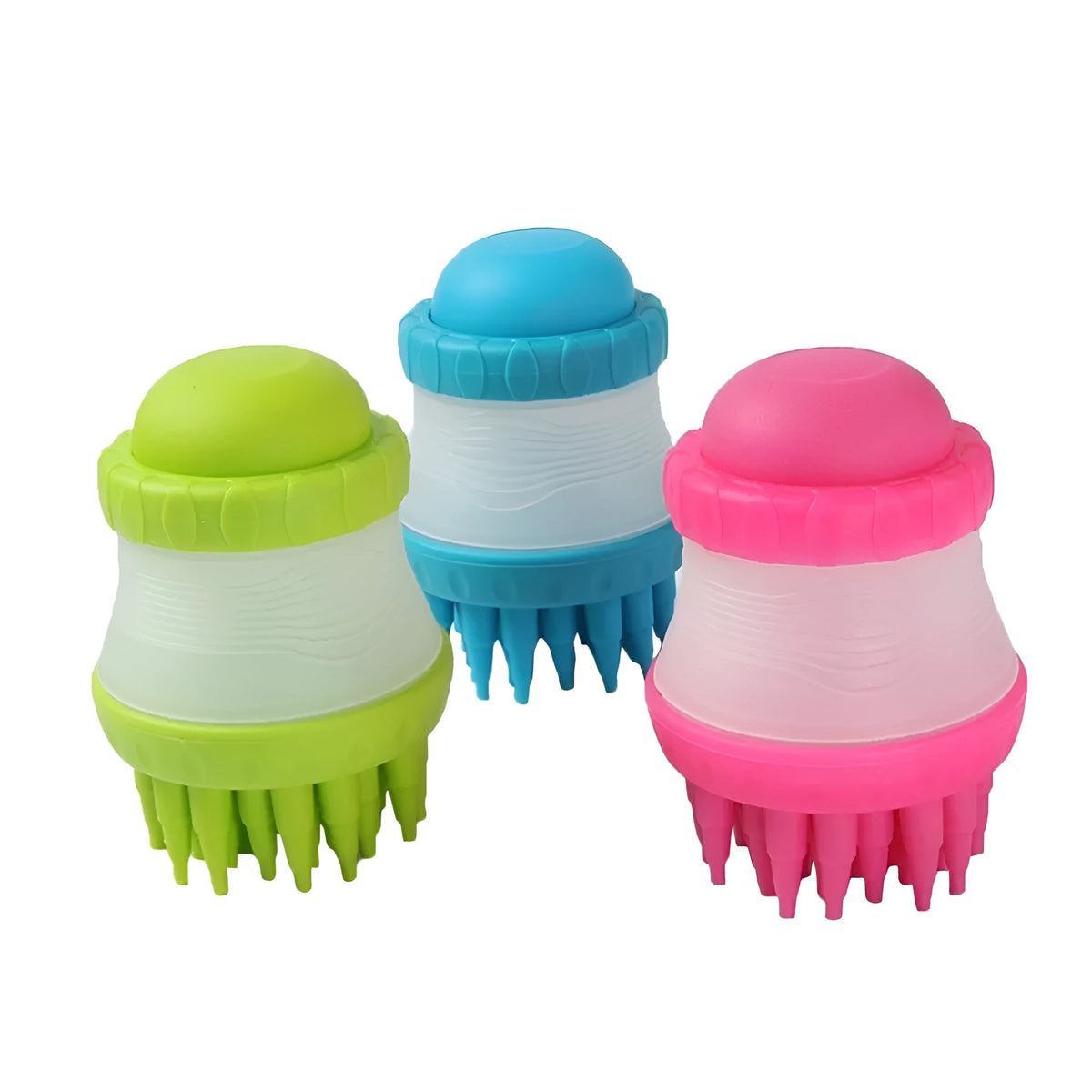 Silicone dog washing brush with built-in shampoo reservoir, 80x110mm, soft bristles, blue pink green