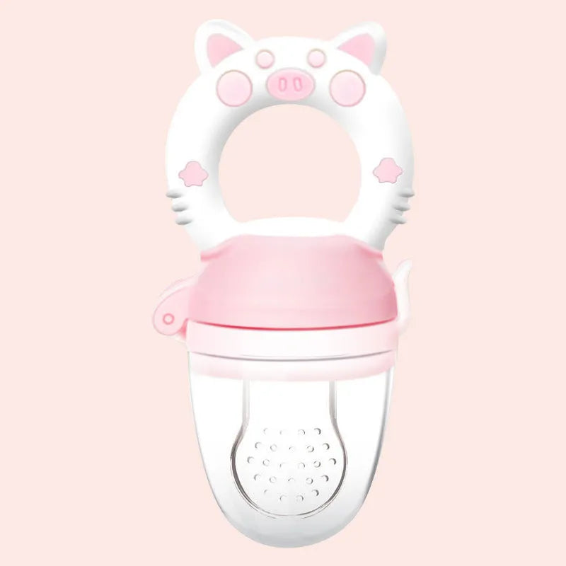 Silicone baby teether with textured chewing surfaces in blue, green and pink colour options