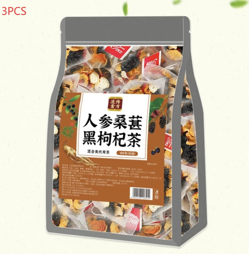 Bag of Ginseng Black Wolfberry Tea containing 40 individual 5g single-serve sachets.
