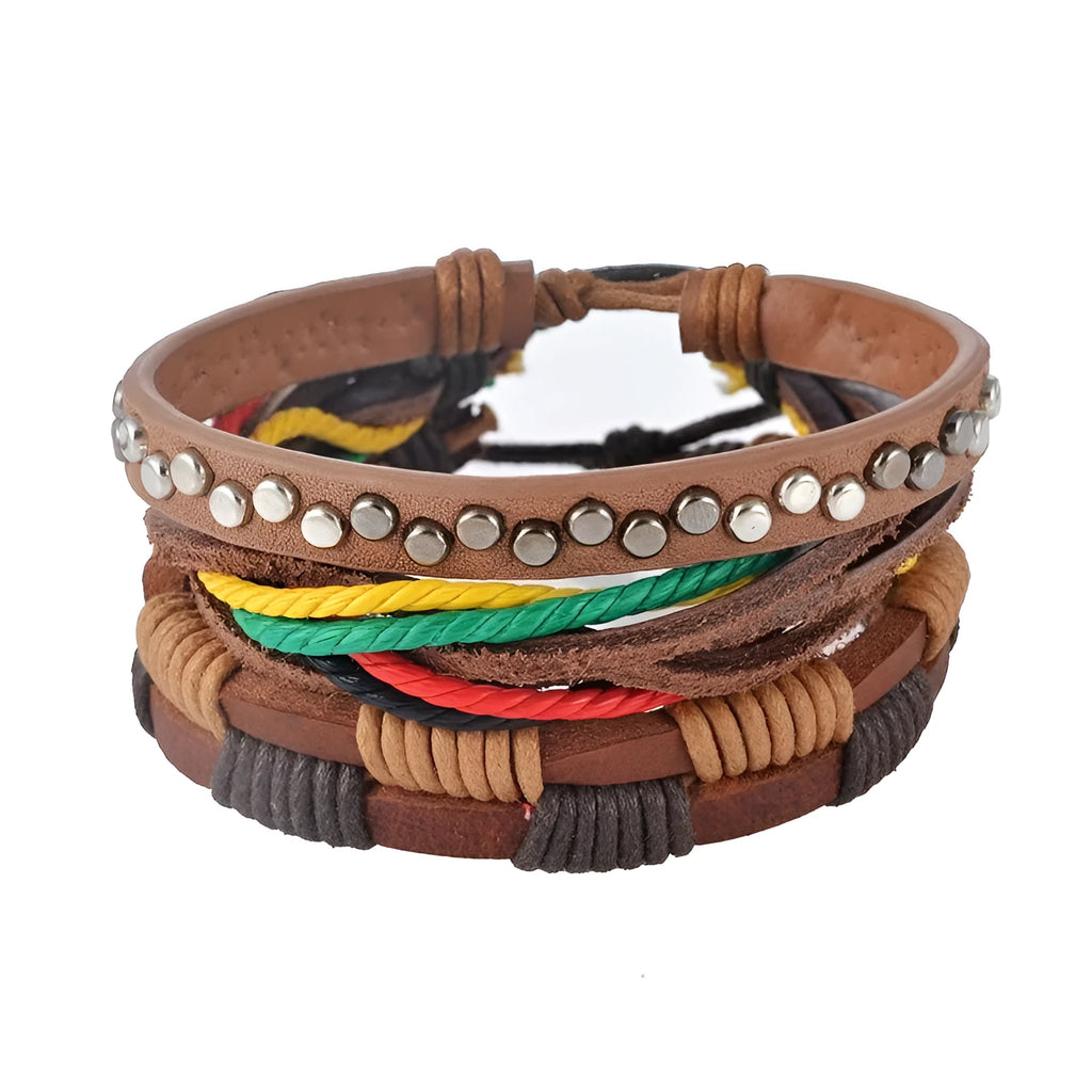 Hand-woven adjustable leather wrap bracelet with wooden beads and natural ropes in vintage punk style