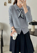 Lapel scarf cardigan sweater in acrylic fibre with splicing design elements and long sleeves