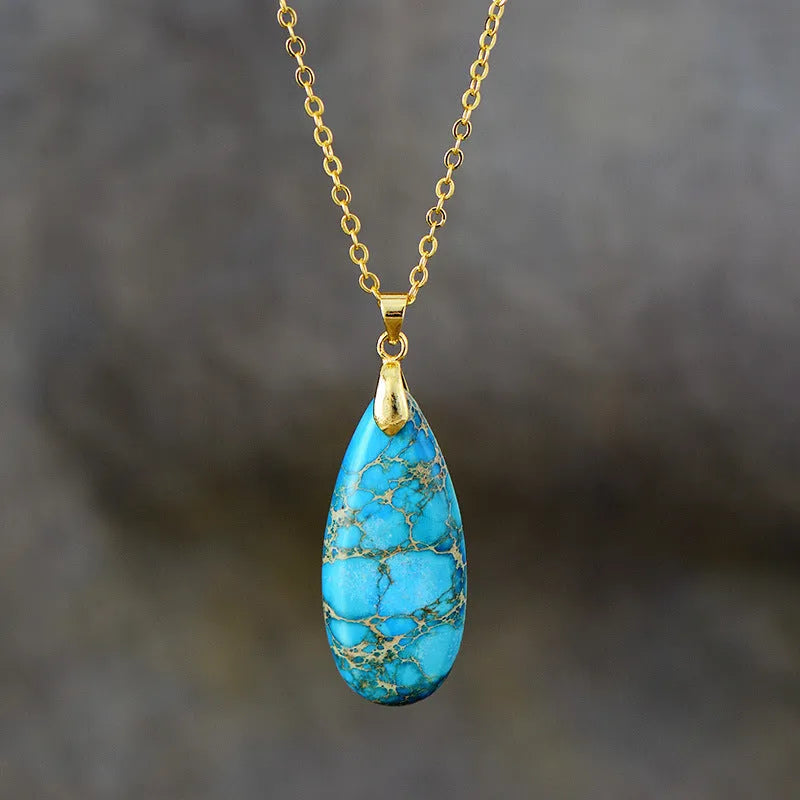 Emperor Stone genuine jade drop pendant on a thin gold-plated chain, showing four colour finish options.