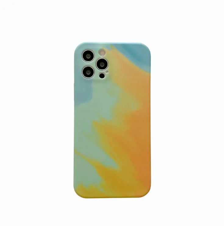 Soft silicone iPhone case with blue and purple oil painting gradient and geometric abstract pattern.