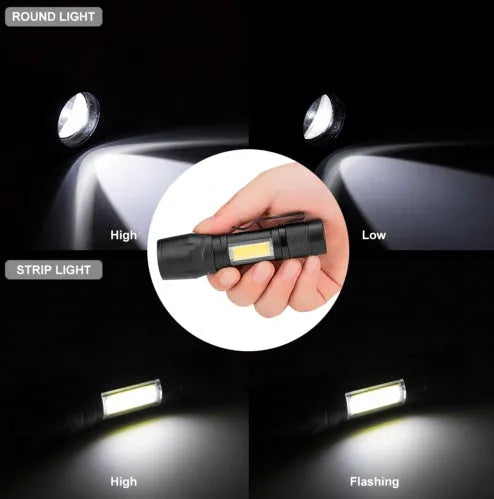Black aluminium alloy telescopic LED flashlight with pocket clip showing extended and retracted positions