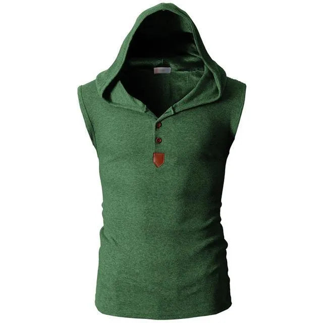 Eminem sleeveless hoodie for men, cotton blend, solid colour, slim fit pullover with hood, front view on model