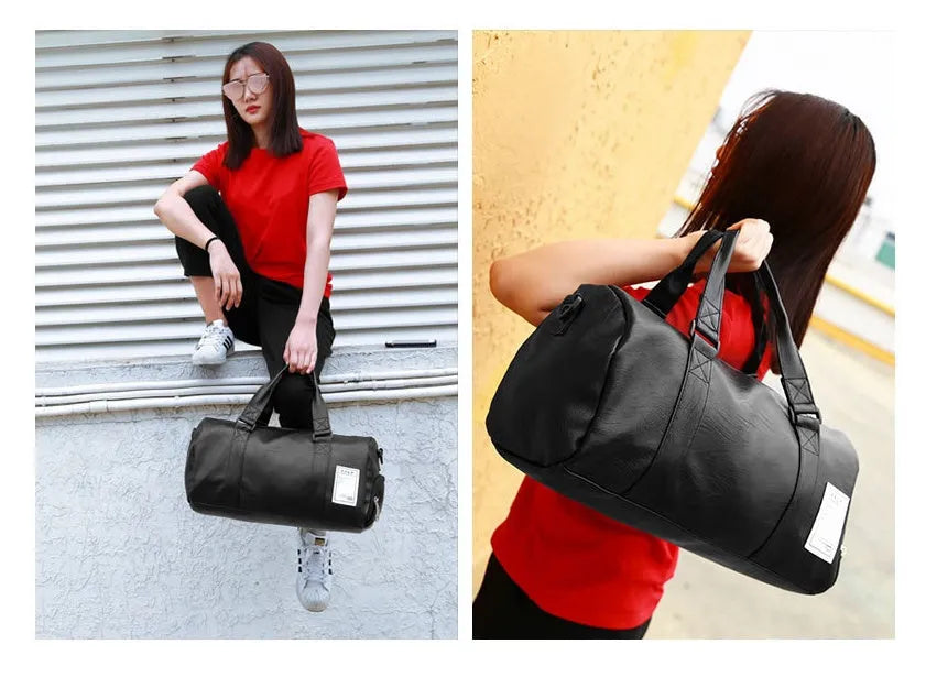 Black waterproof sports fitness bag with a separate shoe compartment and a diagonal carry strap.