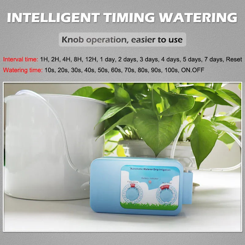 Blue plastic drip irrigation controller with smart timing for garden watering