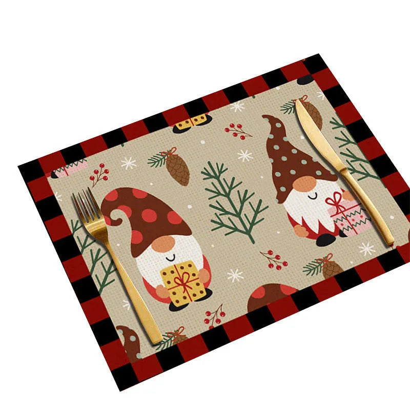 Square Christmas cartoon elk print placemat, 33x45cm, linen or cotton and linen, nine colours.