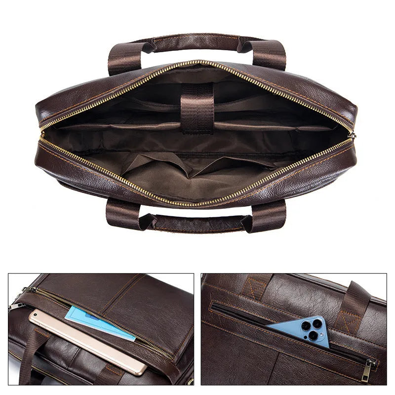 Men's first layer cowhide portable briefcase in brown or black, waterproof genuine leather business travel bag