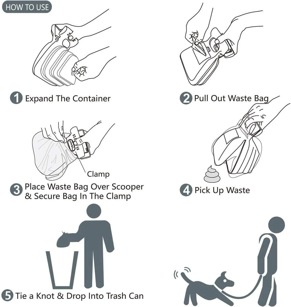 Portable pooper scooper with expandable waste container and integrated bag dispenser in blue colour