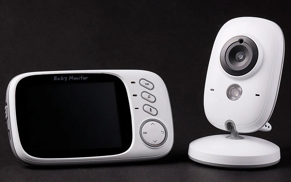VB603 digital baby monitor showing parent unit with 3.2 inch screen and separate camera with night vision LEDs