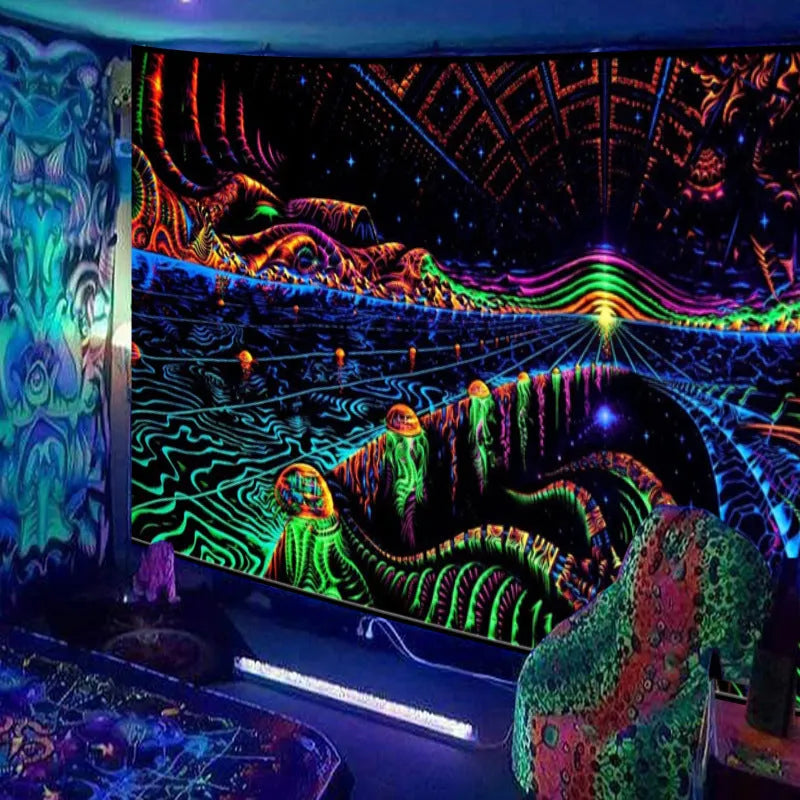 Fluorescent landscape tapestry in plush polyester, woven rectangular wall hanging, available up to 230x180cm