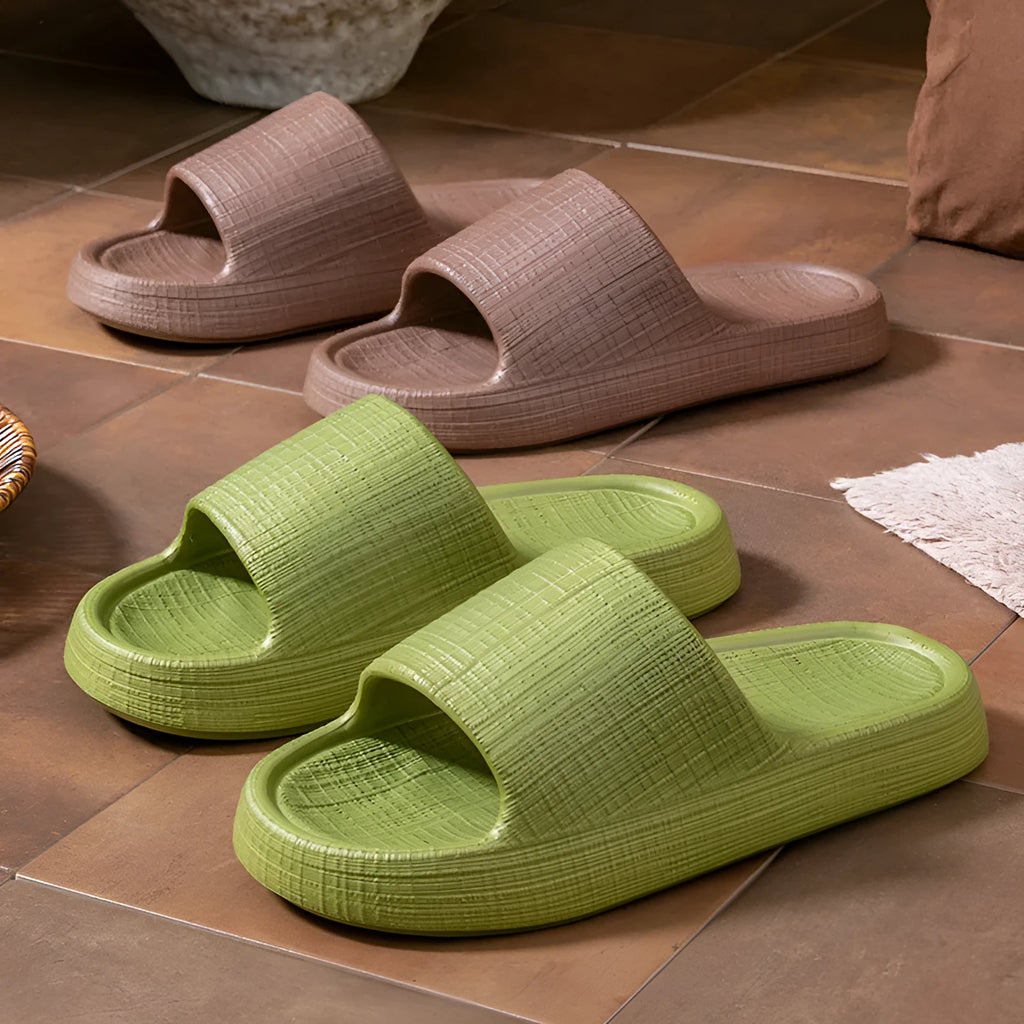 Soft EVA non-slip bath slippers in toe-ring design showing red, green, khaki, black and coffee colour options