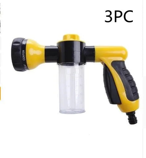 High pressure foam spray gun with eight spray patterns in green, yellow or black with water pipe