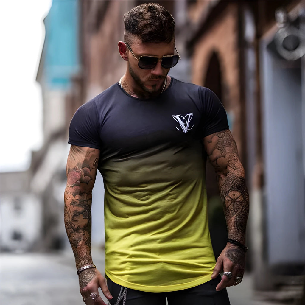Men's 95% cotton muscle fitness t-shirt in black yellow colour, showing front view for gym workout use