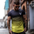 Men's 95% cotton muscle fitness t-shirt in black yellow colour, showing front view for gym workout use