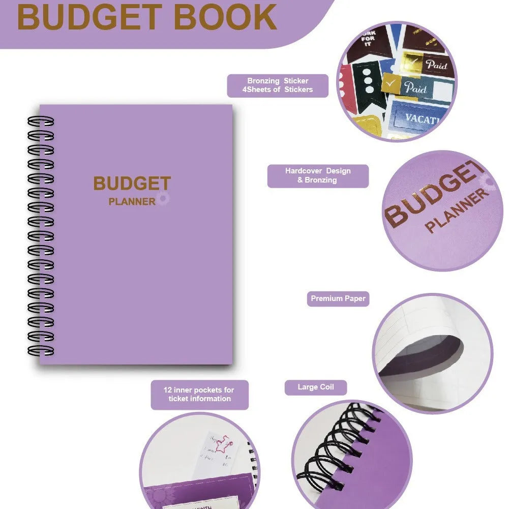 Purple A4 coil notebook for financial planning with budget pages, pen and accessories