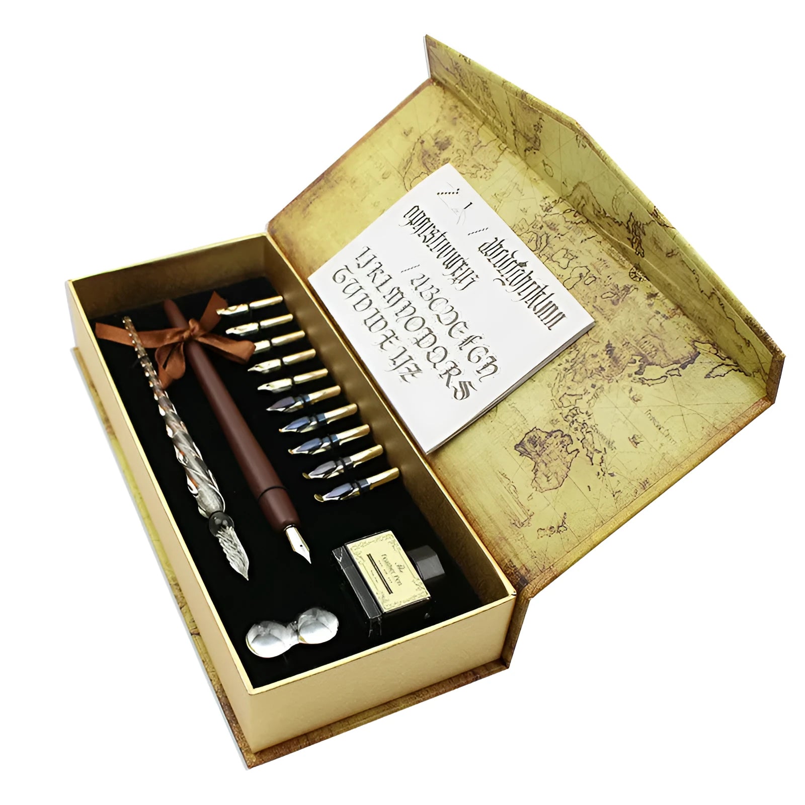 Handmade glass and wooden dip pen set in gift box with stainless steel nib, retro design for Valentine's Day