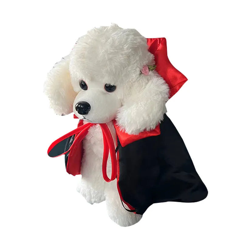 Red Halloween devil cloak and matching pointed hat for a small dog on a white background.
