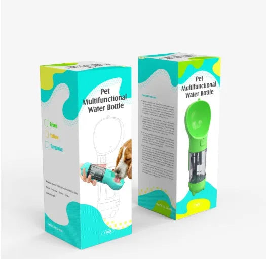 Pet multi-functional water bottle 300ml 500ml with food box, garbage bag, and side shovel in yellow, pink, blue, and green