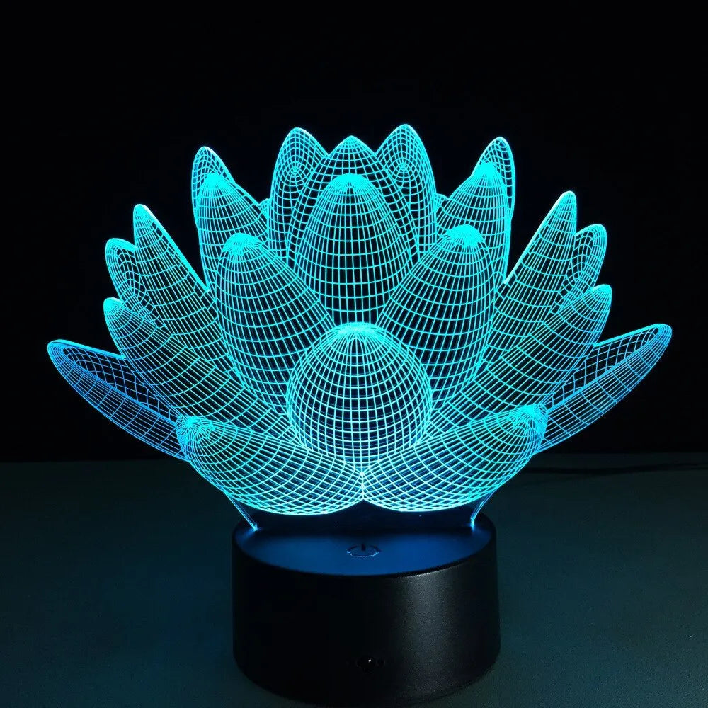 White lotus-shaped acrylic night light with LED base and touch controls on a wooden table.