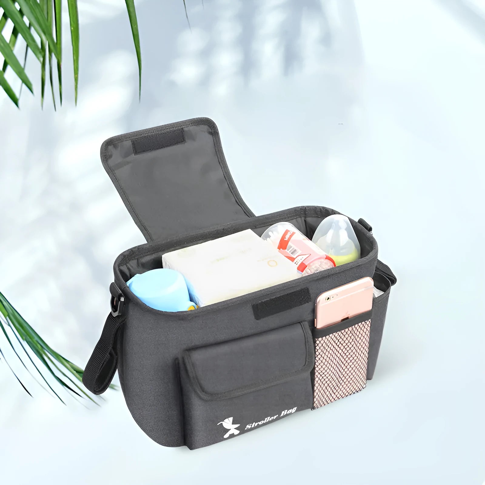 Black baby carriage bag made from 300D snowflake material with pearl cotton padding, measuring 18x30x15cm