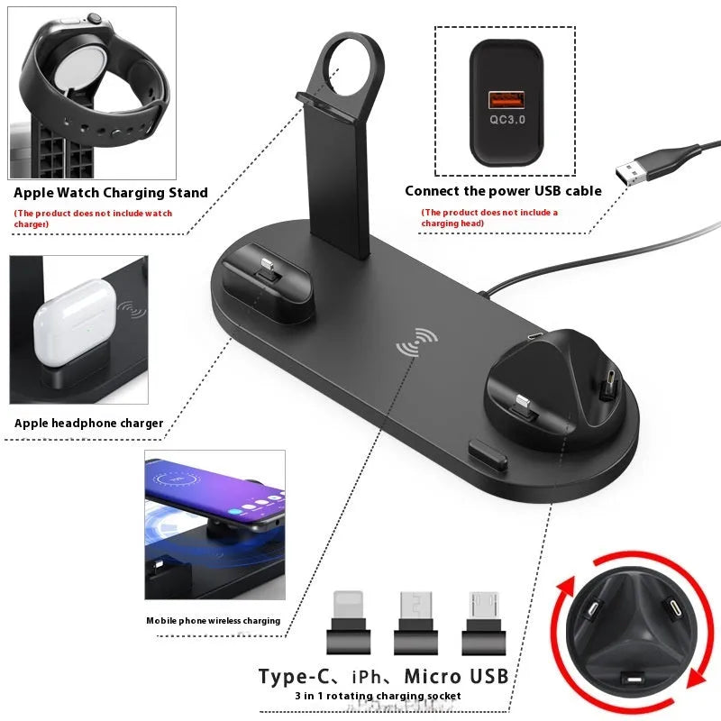Universal desktop charging stand with 15W wireless phone charger, headset hook, and watch stand in black finish