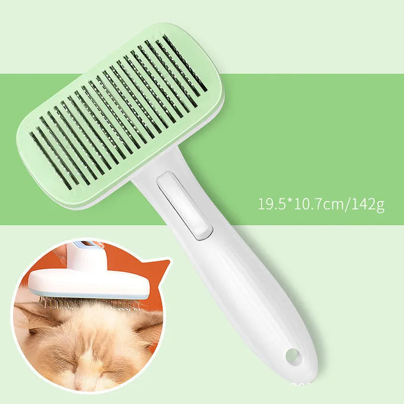 Automatic pet hair removal comb for dogs and cats in blue, showing one-click needle comb mechanism.