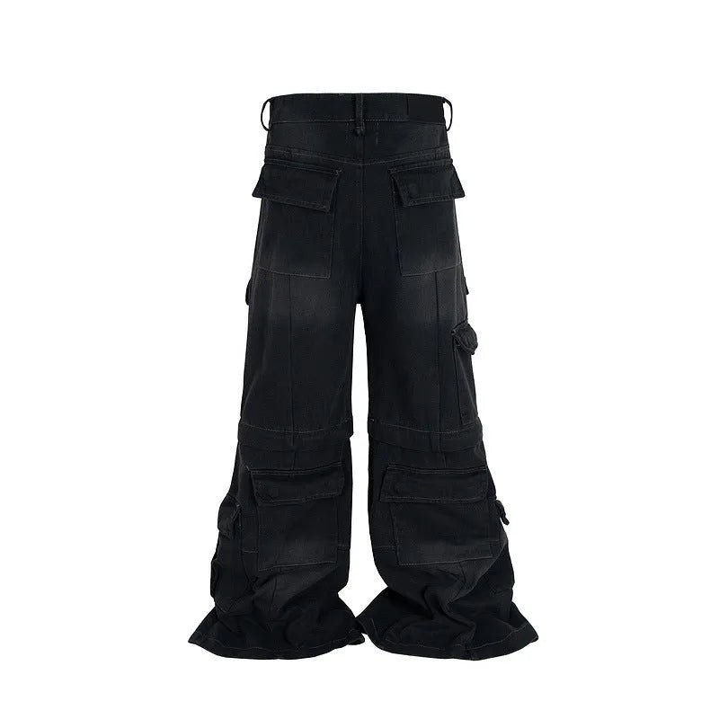 Detachable worn-looking cotton overalls with multi-pockets, in black or blue, for teenagers